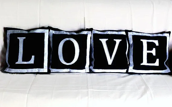 30% OFF Love Pillows Black and White 14"x14"  set of four custom made monogram pillow covers