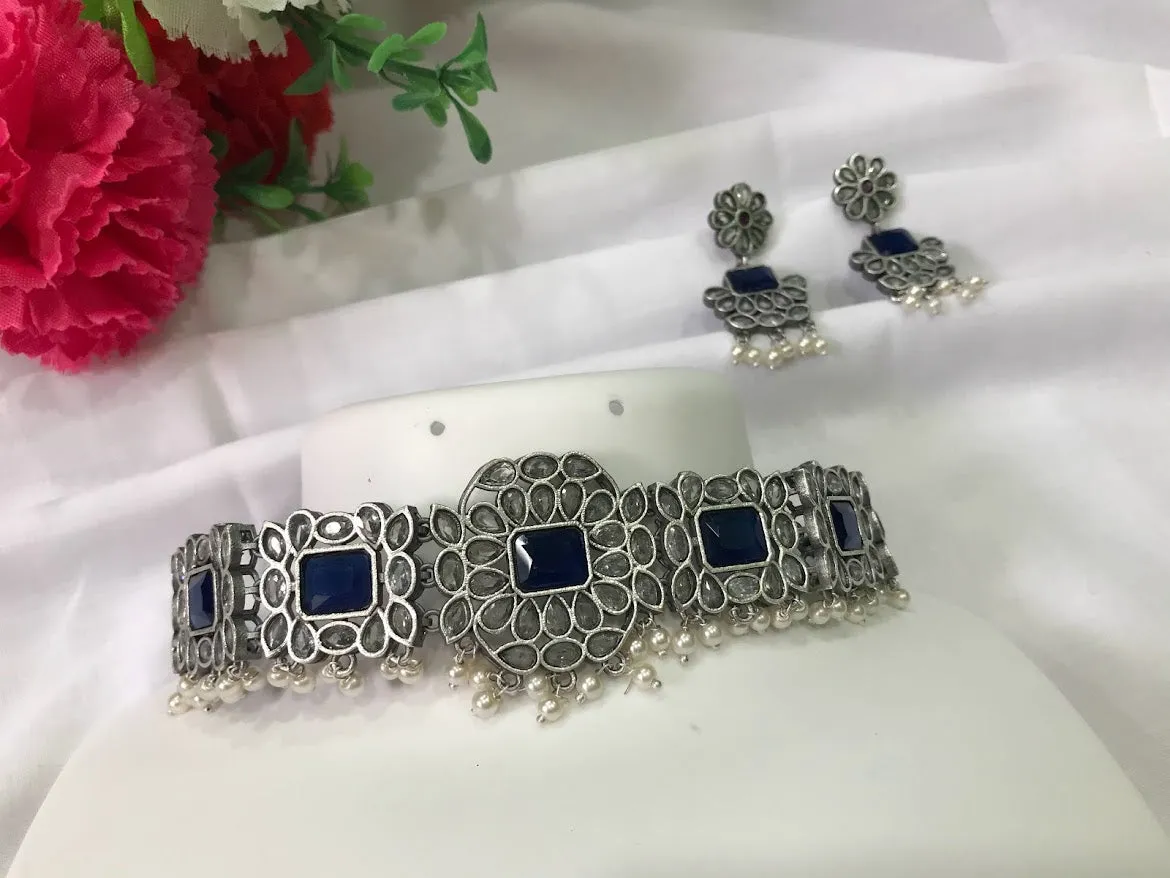 Attractive Brass And Copper Made Oxidized Blue Stone Choker Set And Earrings