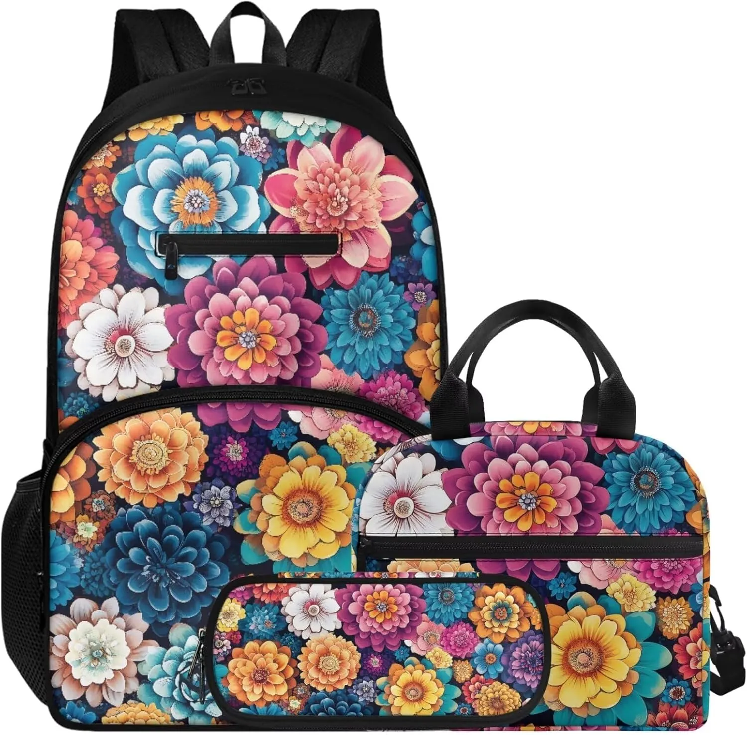Boys Girls Backpack with Lunch Bag & Pencil Pouch, Lightweight 16.9 Inch School Bag, Tote Lunch Box with Shoulder Strap, Suitable for School, Picnic, Travel, Colorful Flowers Aesthetic Print