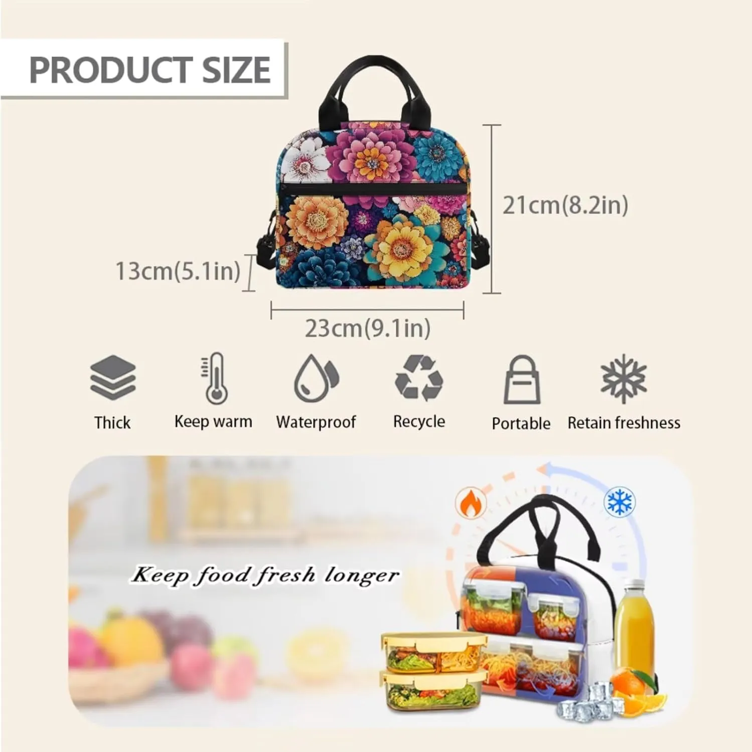 Boys Girls Backpack with Lunch Bag & Pencil Pouch, Lightweight 16.9 Inch School Bag, Tote Lunch Box with Shoulder Strap, Suitable for School, Picnic, Travel, Colorful Flowers Aesthetic Print