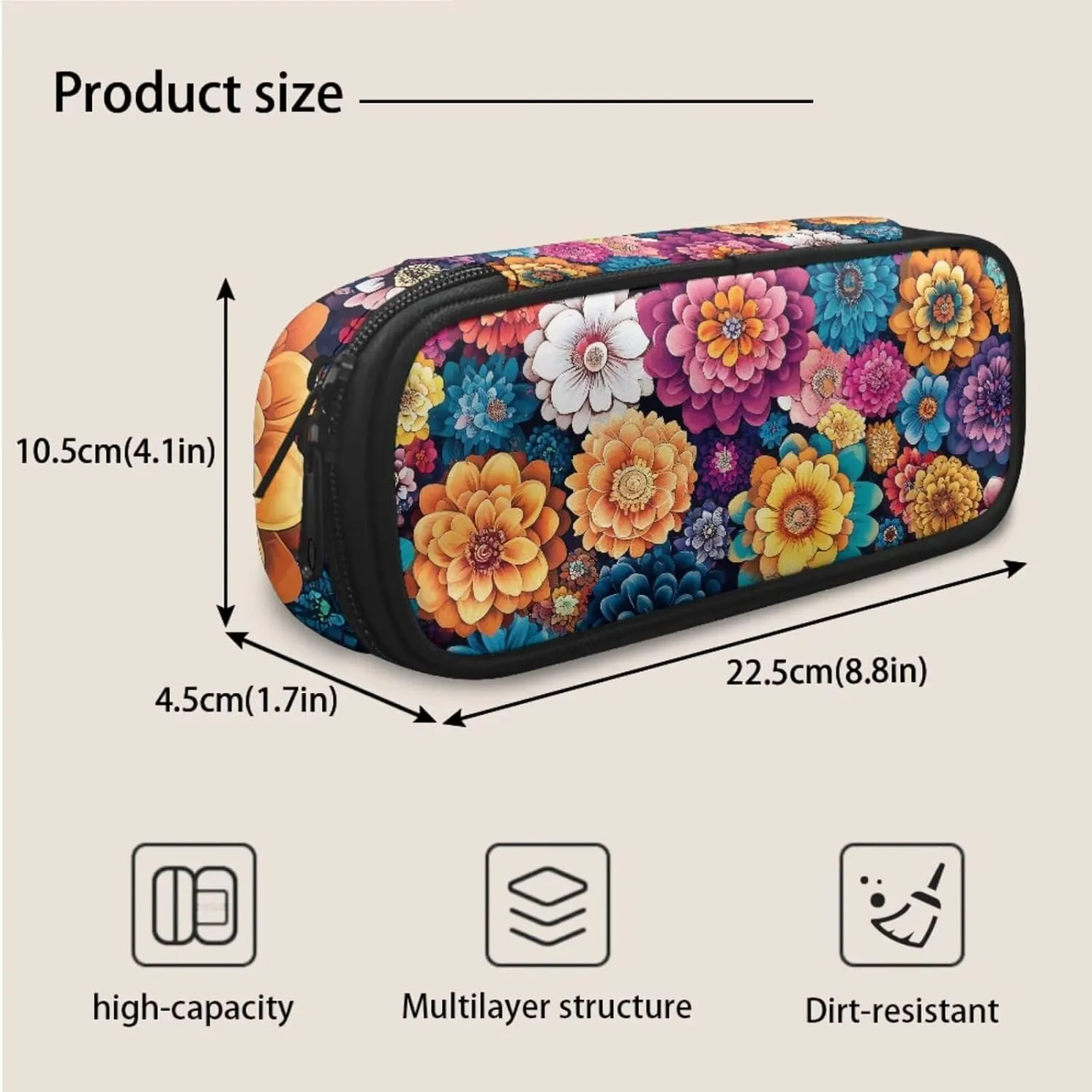 Boys Girls Backpack with Lunch Bag & Pencil Pouch, Lightweight 16.9 Inch School Bag, Tote Lunch Box with Shoulder Strap, Suitable for School, Picnic, Travel, Colorful Flowers Aesthetic Print