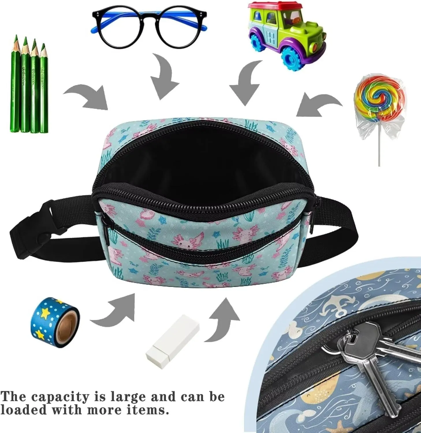 Cozeyat Axolotl Girls Fanny Pack Ages 8-12 Toddler Girls Small Crossbody Purse Waist Pouch Belt Bag for Teens Running Hiking Cycling School
