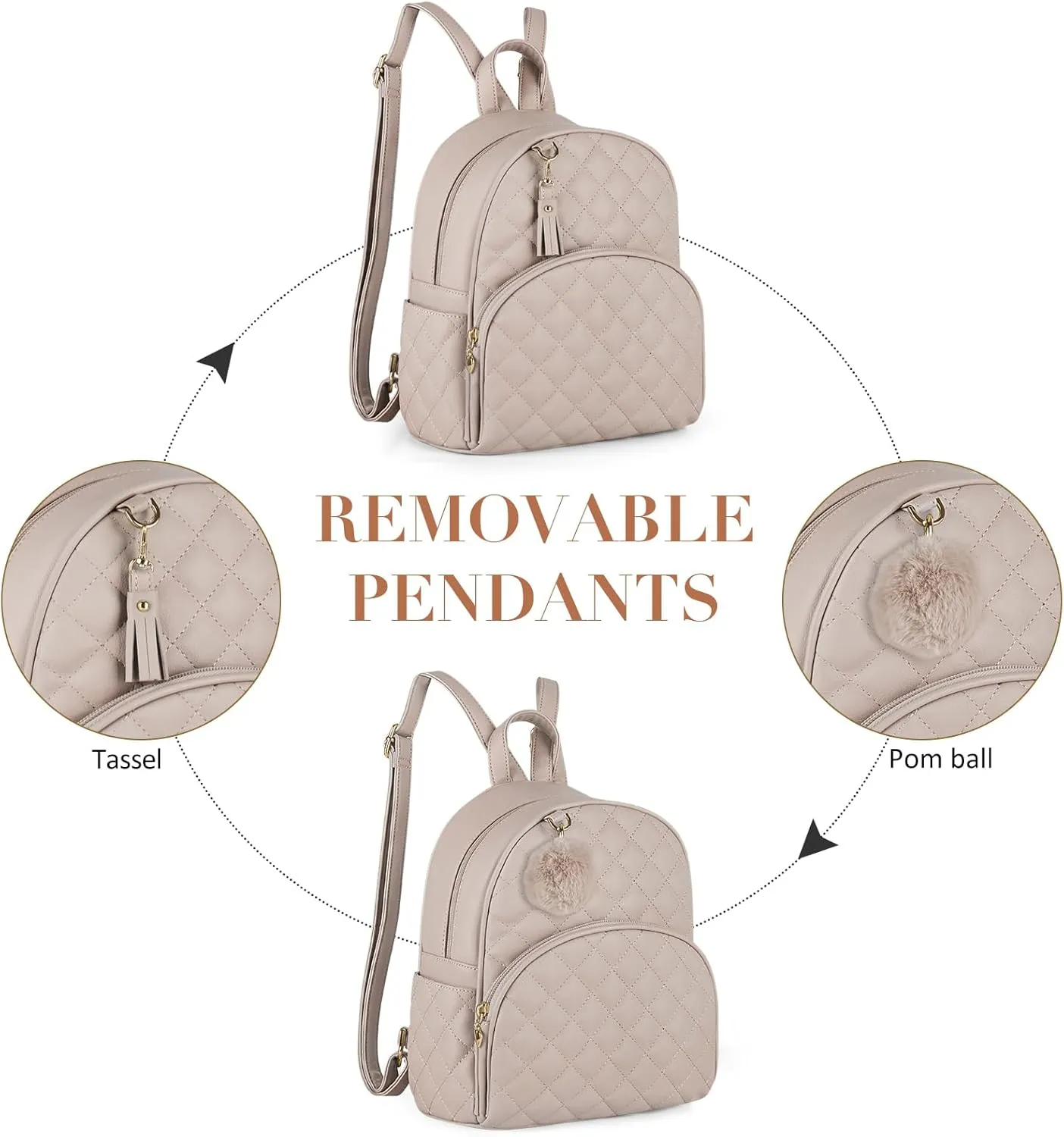 ECOSUSI Mini Backpack for Women Leather Small Backpack Purse for Ladies Cute Pom Bookbag Travel Shoulder Bag with Charm Tassel Khaki