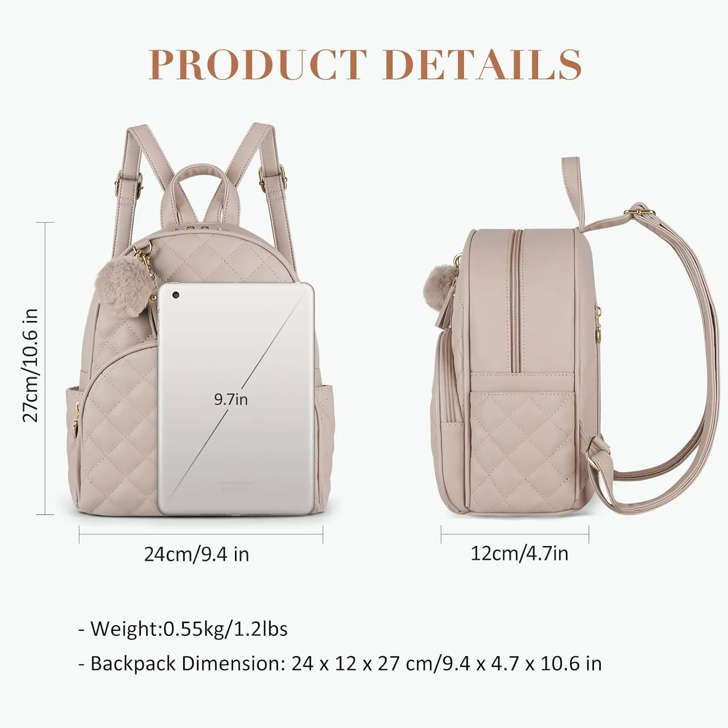 ECOSUSI Mini Backpack for Women Leather Small Backpack Purse for Ladies Cute Pom Bookbag Travel Shoulder Bag with Charm Tassel Khaki