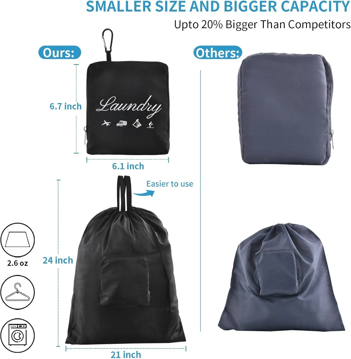 JHX Travel Laundry Bag, Dirty Clothes OrganizerUpgradedwith Handles and Aluminum Carabiner, Collapsible Laundry Bag for Travel, Camp, Fitness, and Students1Pcs Black 24"L x 21"W