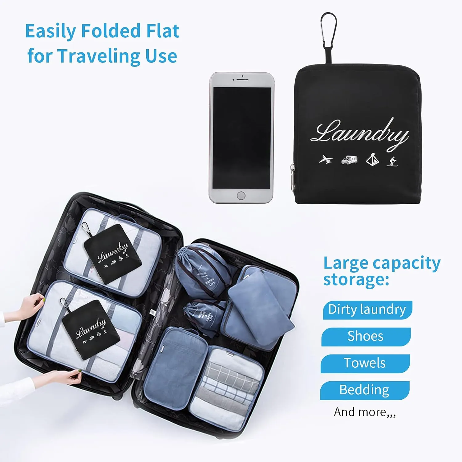 JHX Travel Laundry Bag, Dirty Clothes OrganizerUpgradedwith Handles and Aluminum Carabiner, Collapsible Laundry Bag for Travel, Camp, Fitness, and Students1Pcs Black 24"L x 21"W