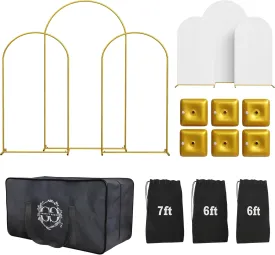 Metal Arch Backdrop Stand Set of 3 Gold with White Spandex Covers  7.2ft/6ft/6ft Arches, Carrying Case and Bags, Water Weights for Wedding, Birthday, Party, and Baby Shower Decor