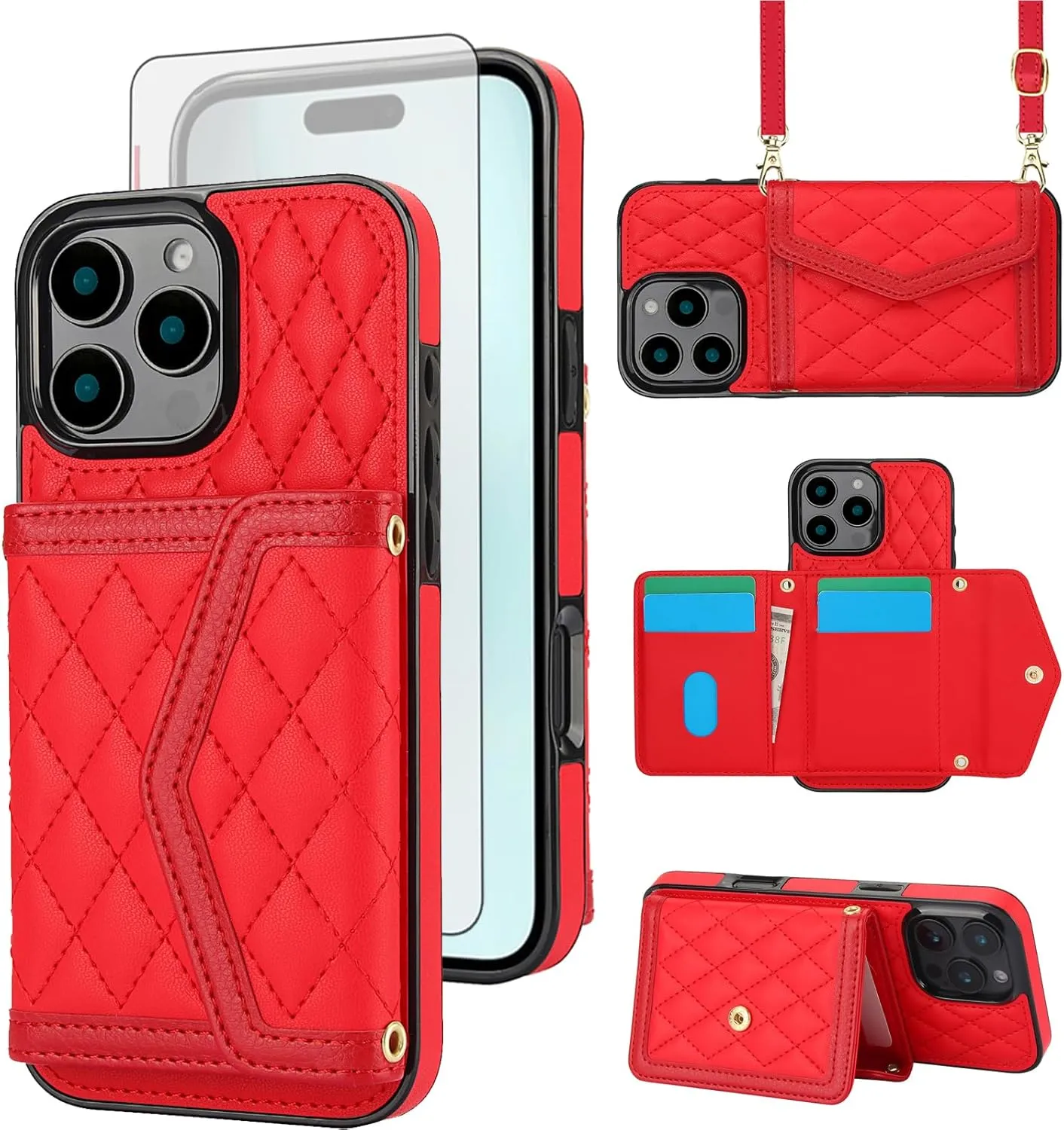Phone Case Compatible with iPhone 16 Pro Max 6.9 inch Wallet Cover Tempered Glass Screen Protector RFID Blocking Credit Card Holder Slot Crossbody Strap i Phone16 16Pro i16 ProMax 16ProMax Red