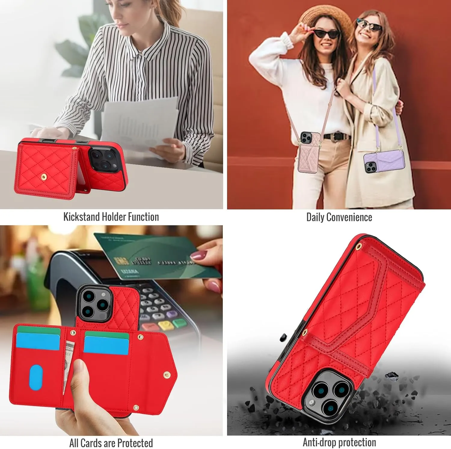 Phone Case Compatible with iPhone 16 Pro Max 6.9 inch Wallet Cover Tempered Glass Screen Protector RFID Blocking Credit Card Holder Slot Crossbody Strap i Phone16 16Pro i16 ProMax 16ProMax Red