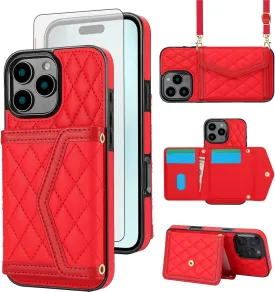 Phone Case Compatible with iPhone 16 Pro Max 6.9 inch Wallet Cover Tempered Glass Screen Protector RFID Blocking Credit Card Holder Slot Crossbody Strap i Phone16 16Pro i16 ProMax 16ProMax Red