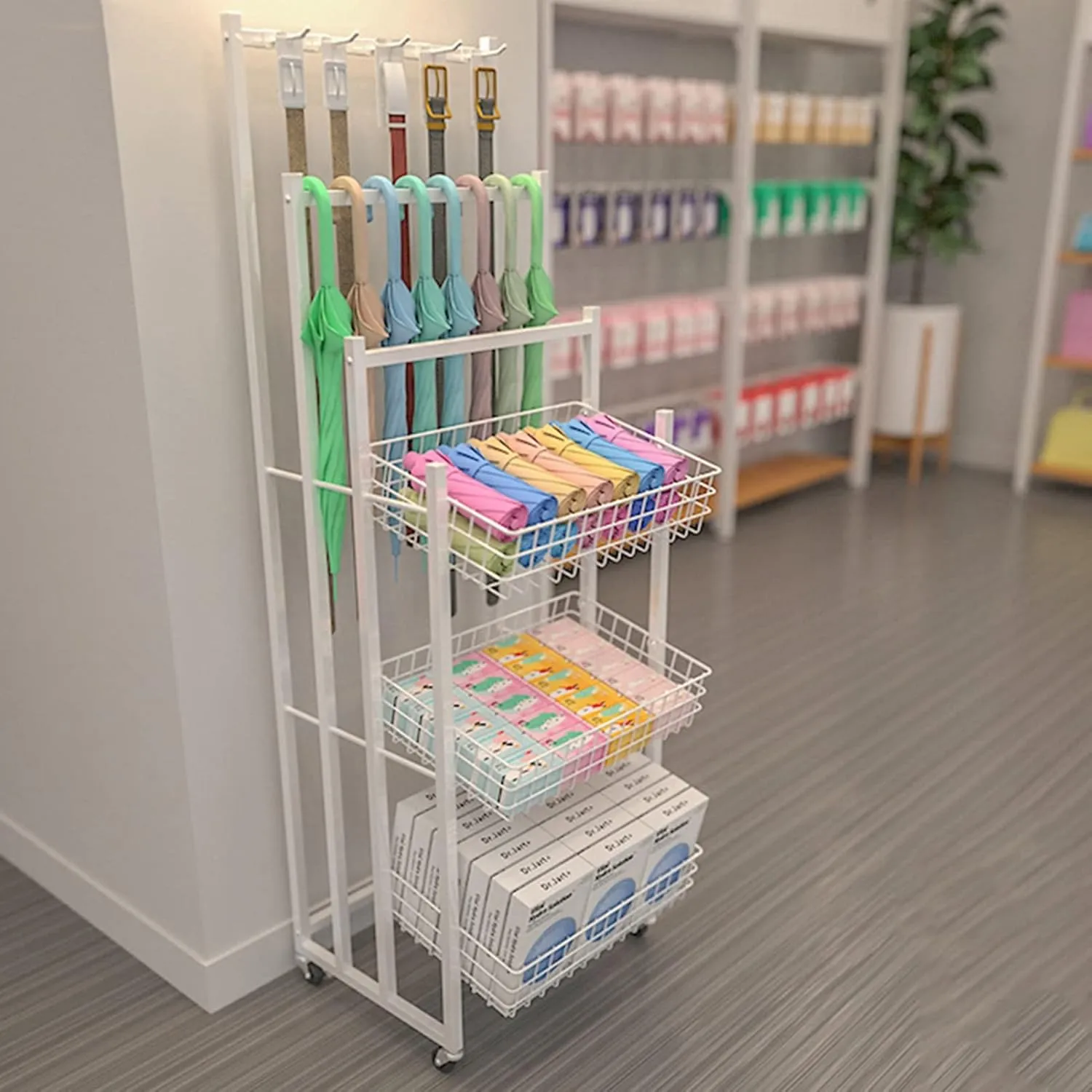 Retail Display Racks,Convenience Store Standing Shelf Units,Rain Gear Organizer,Multifunctional Bakery Bags Sock Belt Storage Hanger,Food Service(Black 50x39x150CM)