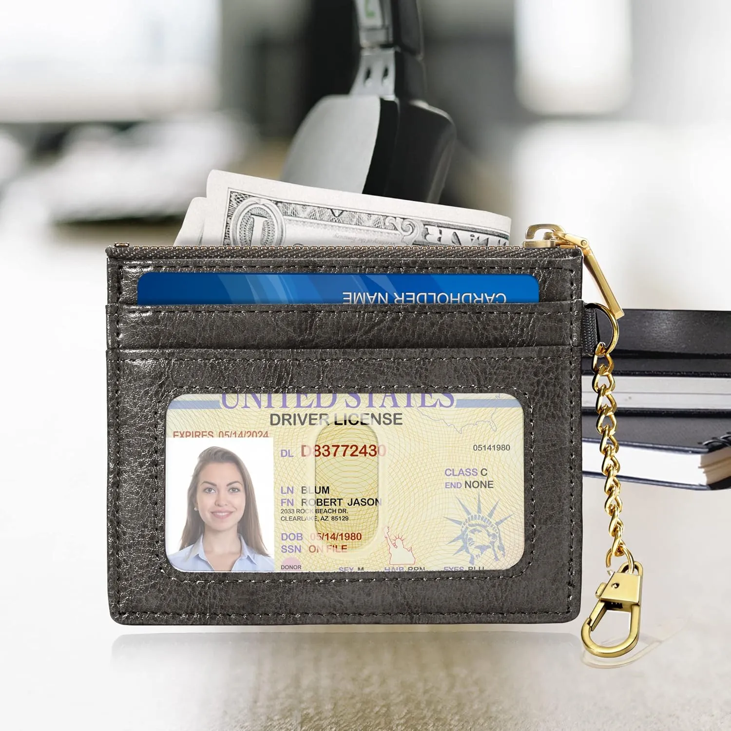 SEAVILIA Card Holder Keychain Wallet for Women with ID Window RFID Coin Purse Bee Gifts Slim Minimalist Small Wallet