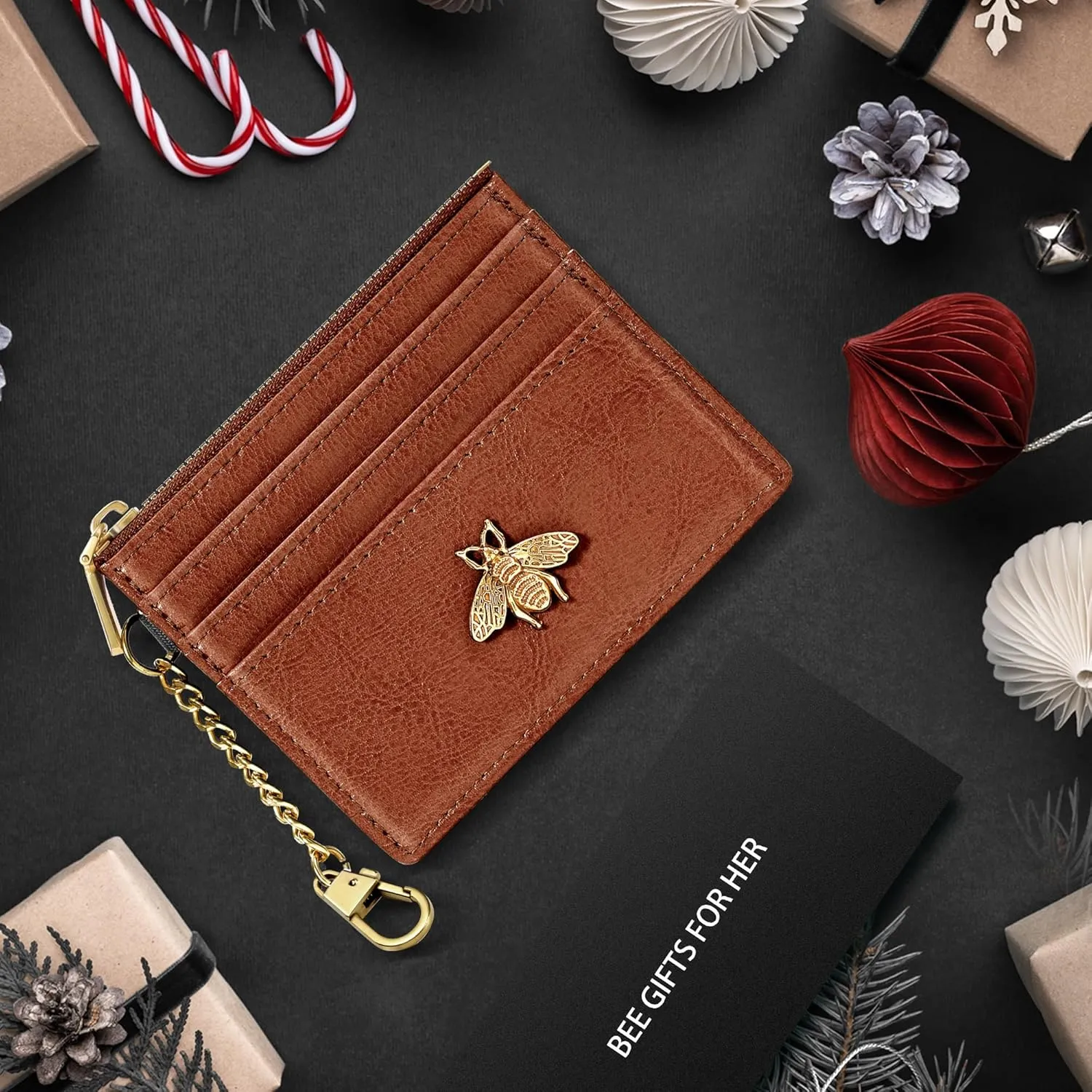 SEAVILIA Card Holder Keychain Wallet for Women with ID Window RFID Coin Purse Bee Gifts Slim Minimalist Small Wallet
