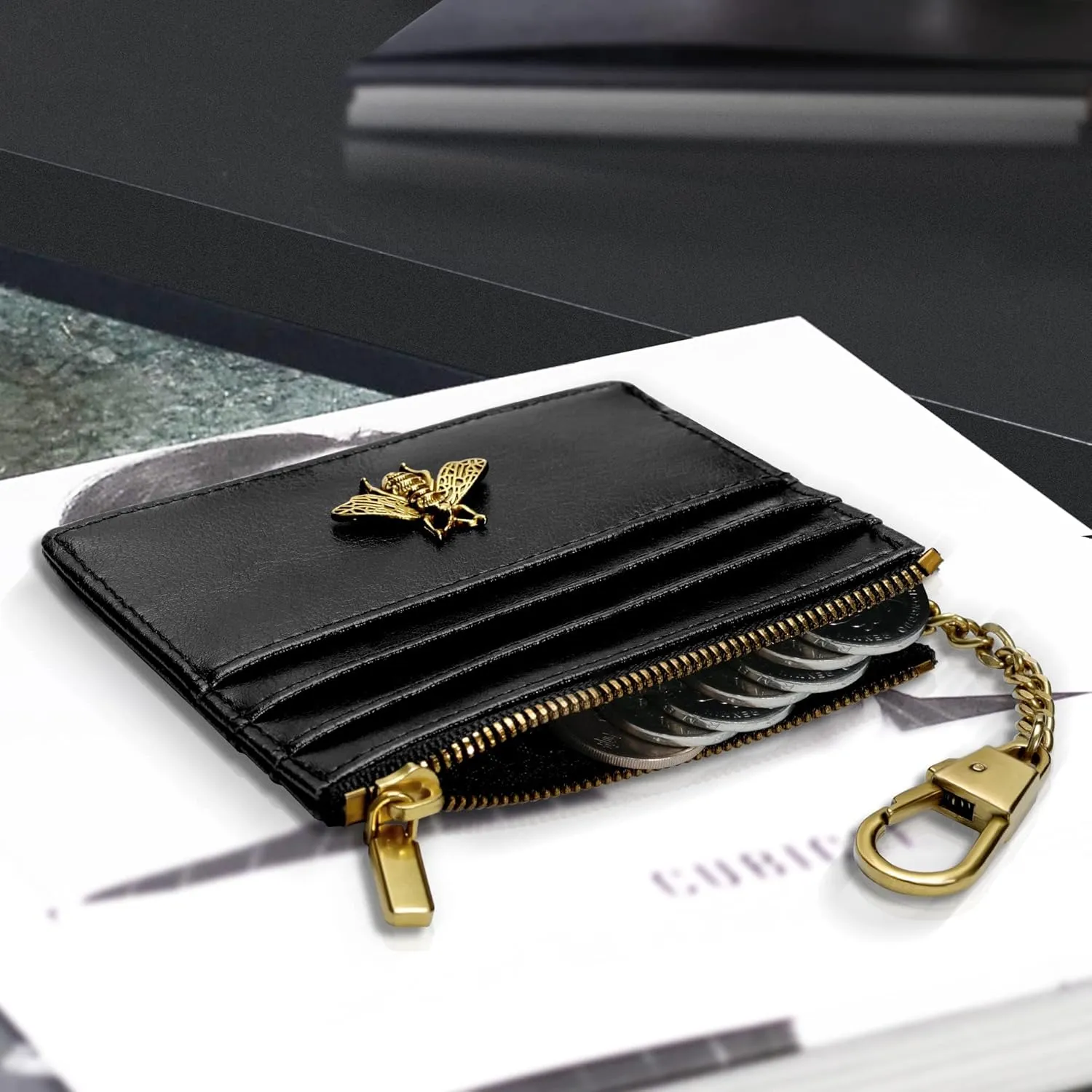 SEAVILIA Card Holder Keychain Wallet for Women with ID Window RFID Coin Purse Bee Gifts Slim Minimalist Small Wallet
