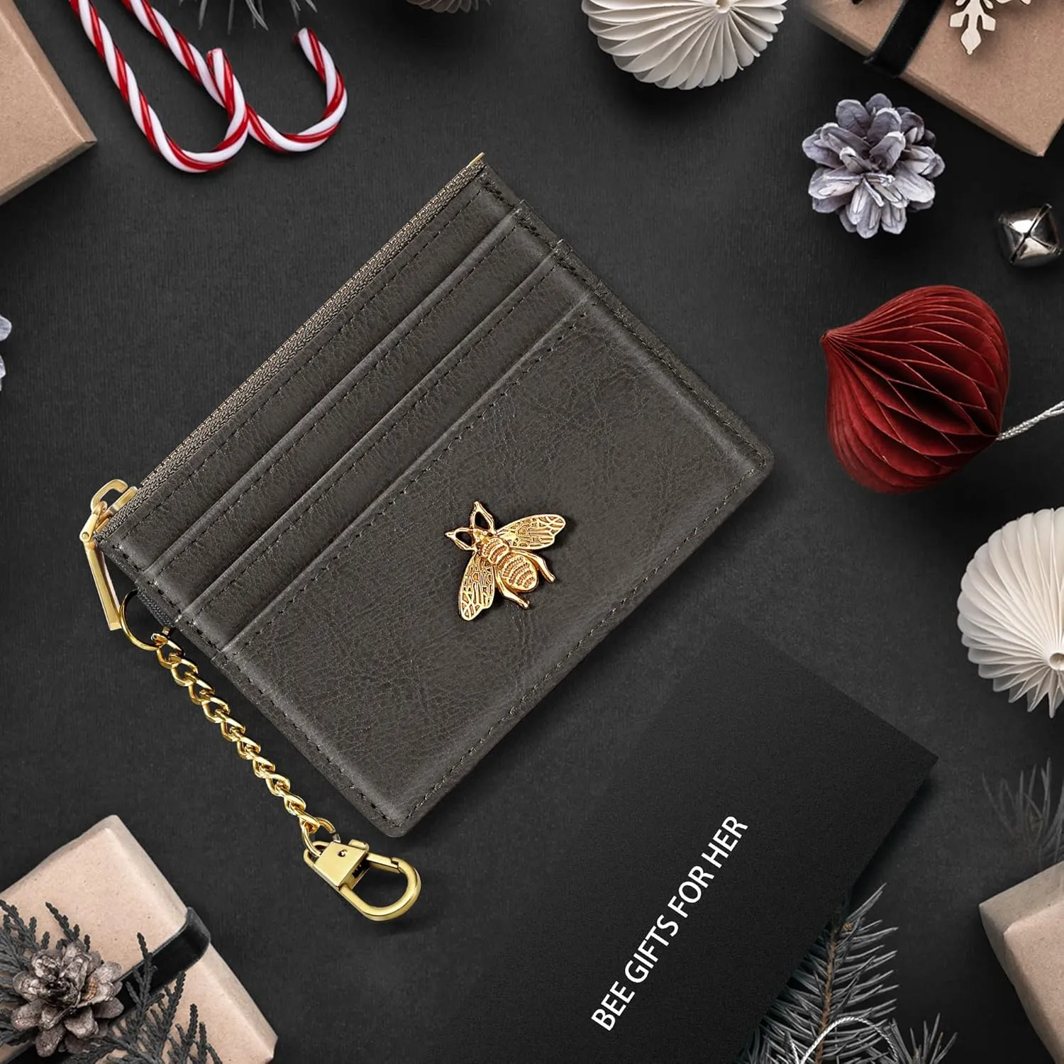 SEAVILIA Card Holder Keychain Wallet for Women with ID Window RFID Coin Purse Bee Gifts Slim Minimalist Small Wallet