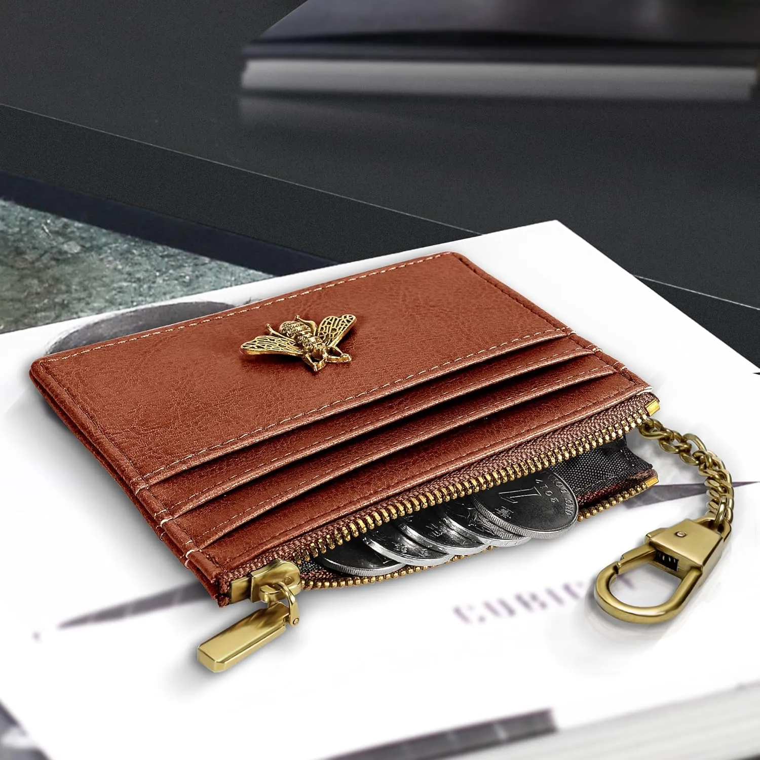 SEAVILIA Card Holder Keychain Wallet for Women with ID Window RFID Coin Purse Bee Gifts Slim Minimalist Small Wallet