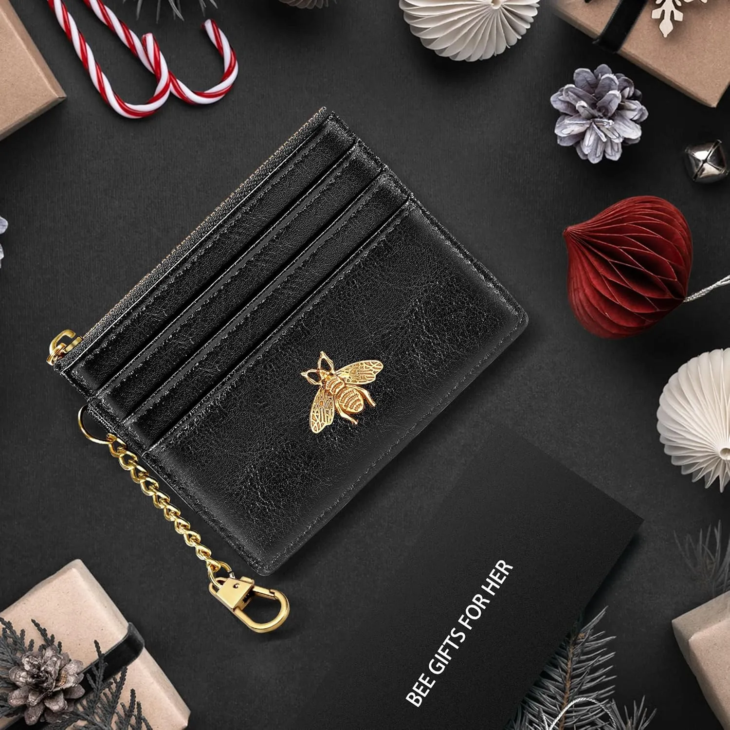 SEAVILIA Card Holder Keychain Wallet for Women with ID Window RFID Coin Purse Bee Gifts Slim Minimalist Small Wallet