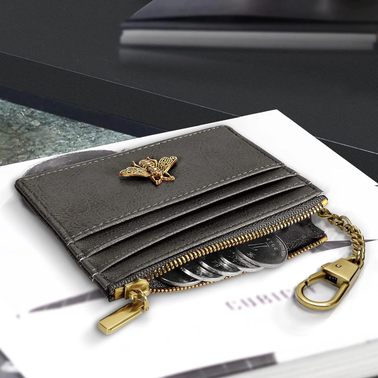 SEAVILIA Card Holder Keychain Wallet for Women with ID Window RFID Coin Purse Bee Gifts Slim Minimalist Small Wallet