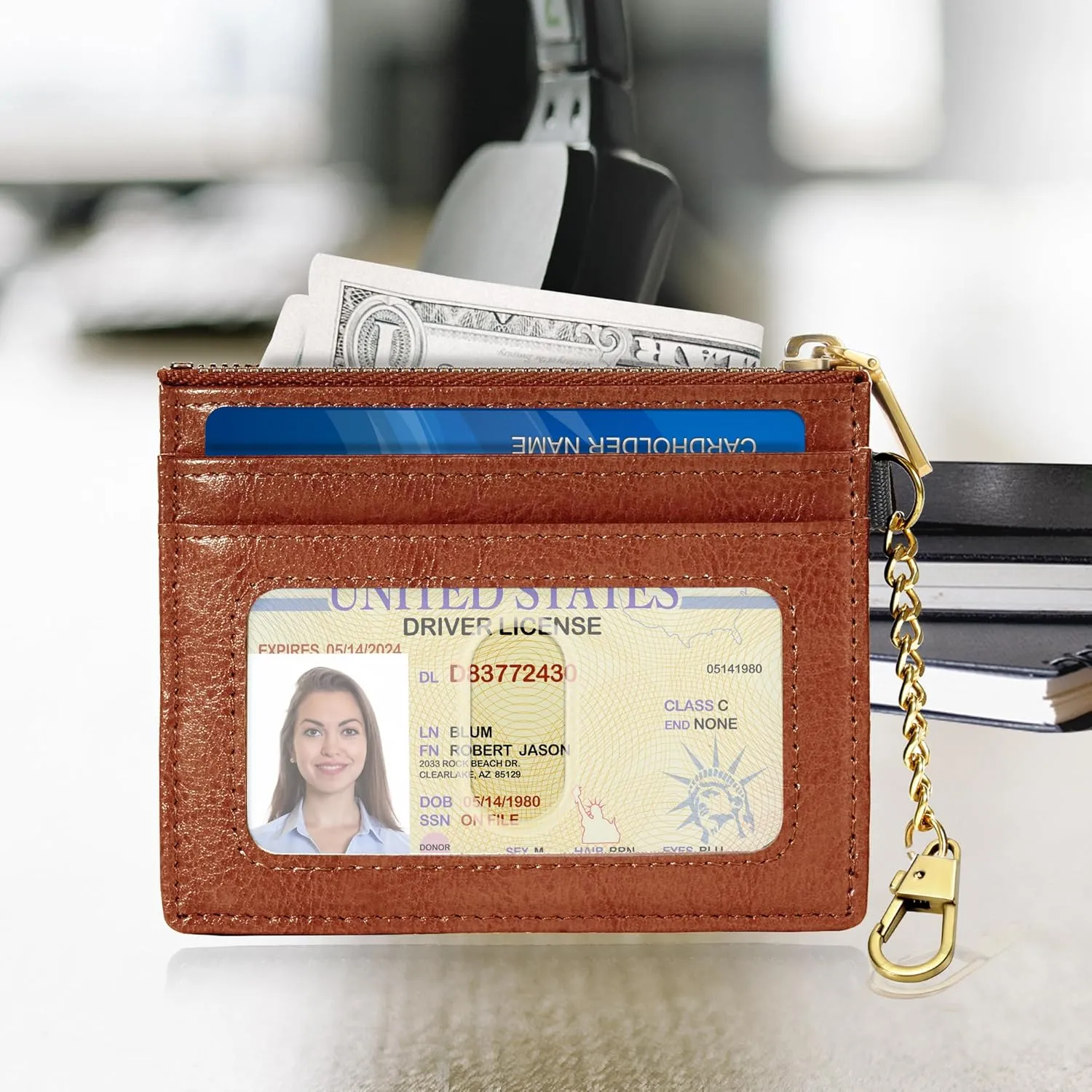SEAVILIA Card Holder Keychain Wallet for Women with ID Window RFID Coin Purse Bee Gifts Slim Minimalist Small Wallet