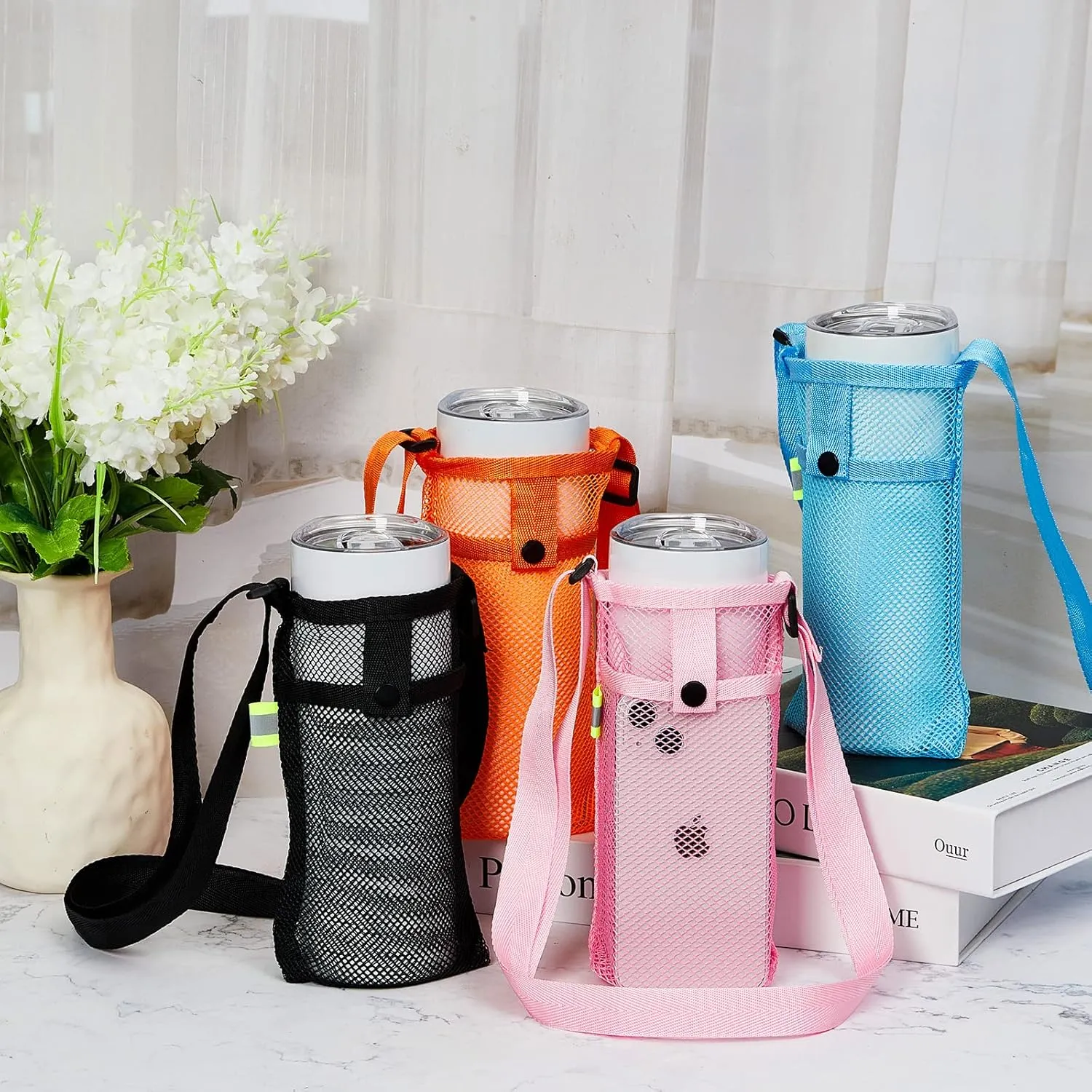 Tessco 8 Pcs Water Bottle Sling Holder with Adjustable Shoulder Strap Water Bottle Mesh Carrier Bag Sleeve Pouch Holder for Walking Sports