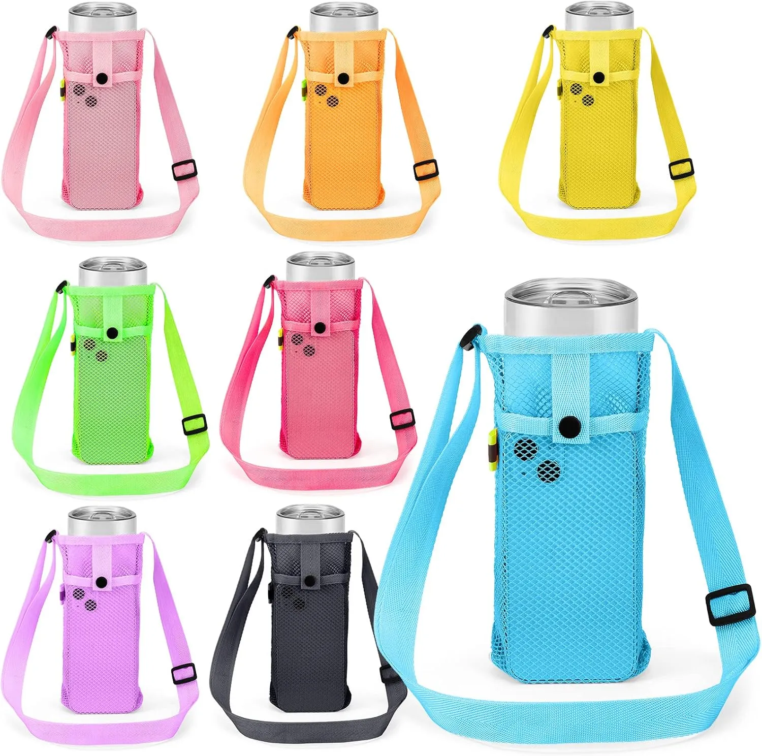 Tessco 8 Pcs Water Bottle Sling Holder with Adjustable Shoulder Strap Water Bottle Mesh Carrier Bag Sleeve Pouch Holder for Walking Sports