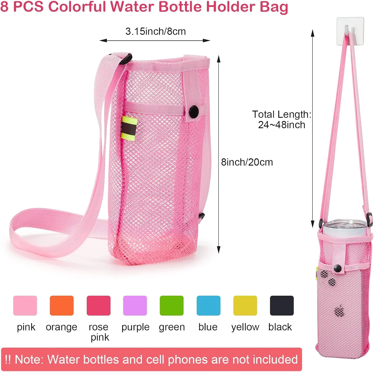 Tessco 8 Pcs Water Bottle Sling Holder with Adjustable Shoulder Strap Water Bottle Mesh Carrier Bag Sleeve Pouch Holder for Walking Sports