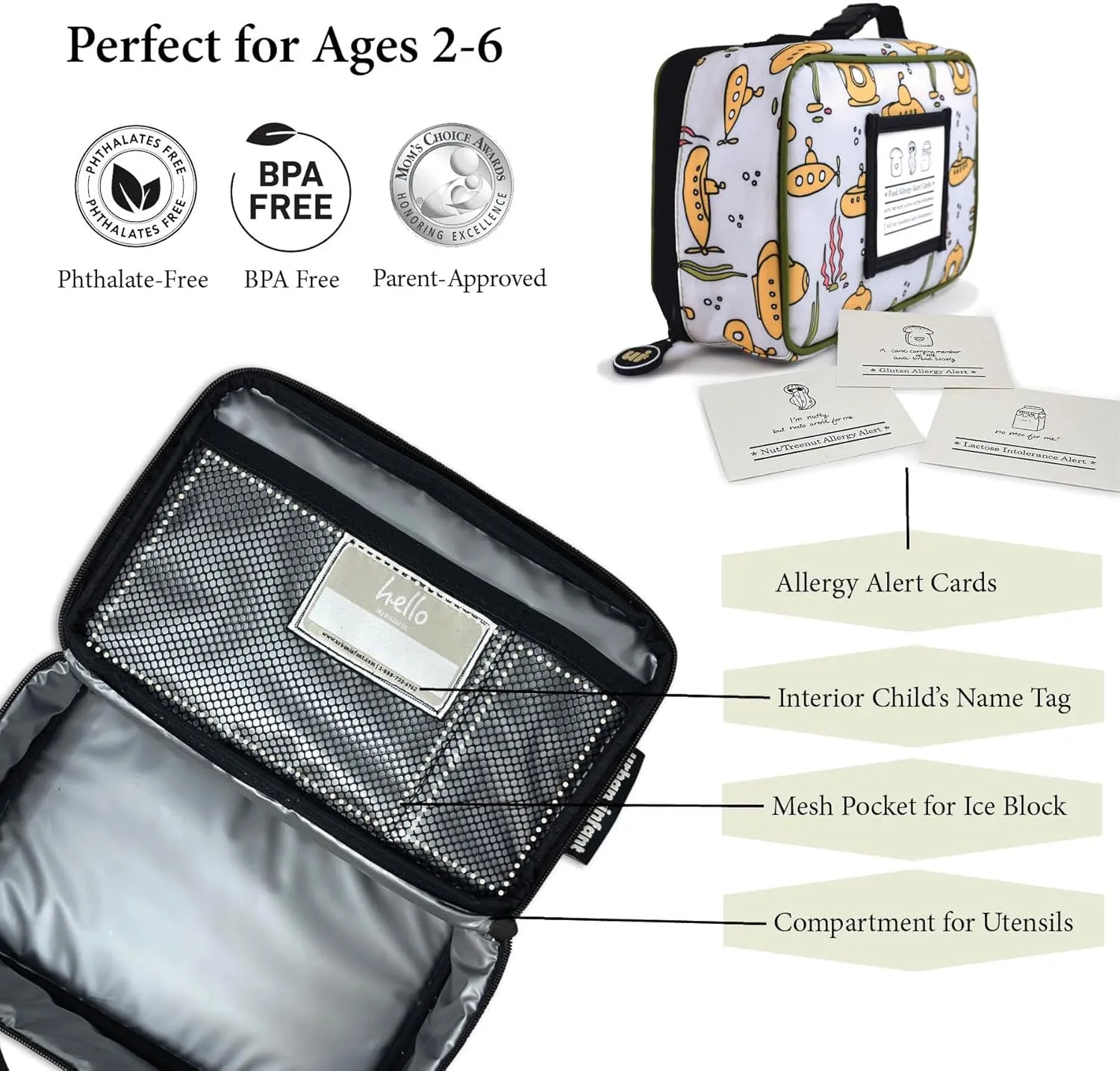 Urban Infant Yummie Kids Lunch Box Insulated Bag - Toddler Boys and Girls  Perfect for Daycare Preschool Travel Snacks  Allergy Alert Cards - Fits Bento Boxes - Violet