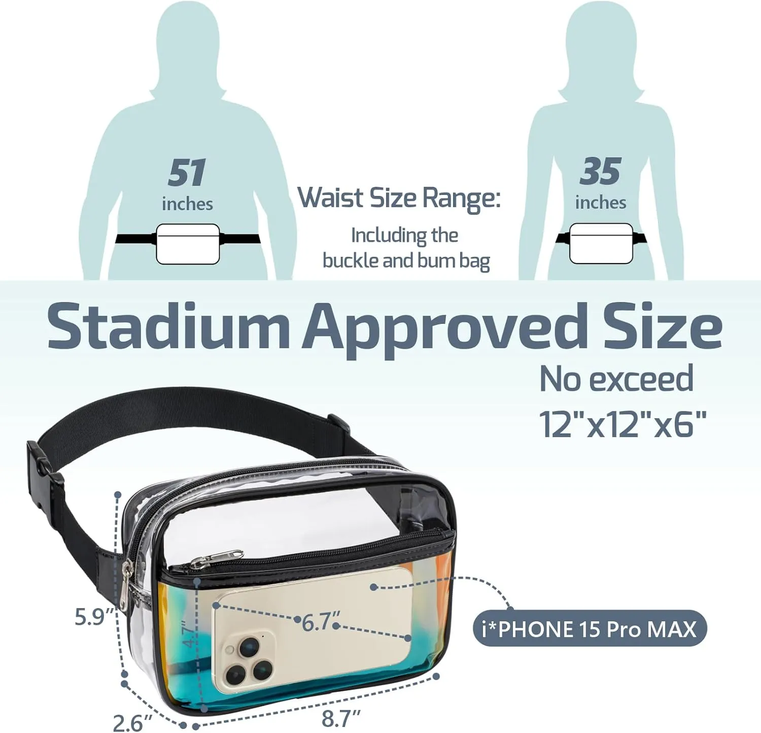 Veckle Clear Fanny Pack - Holographic Black Clear Belt Bag Crossbody Fashion Fanny Packs for Women Men Cute Waist Bag with Adjustable Strap for Sports Events, Concerts, Festivals