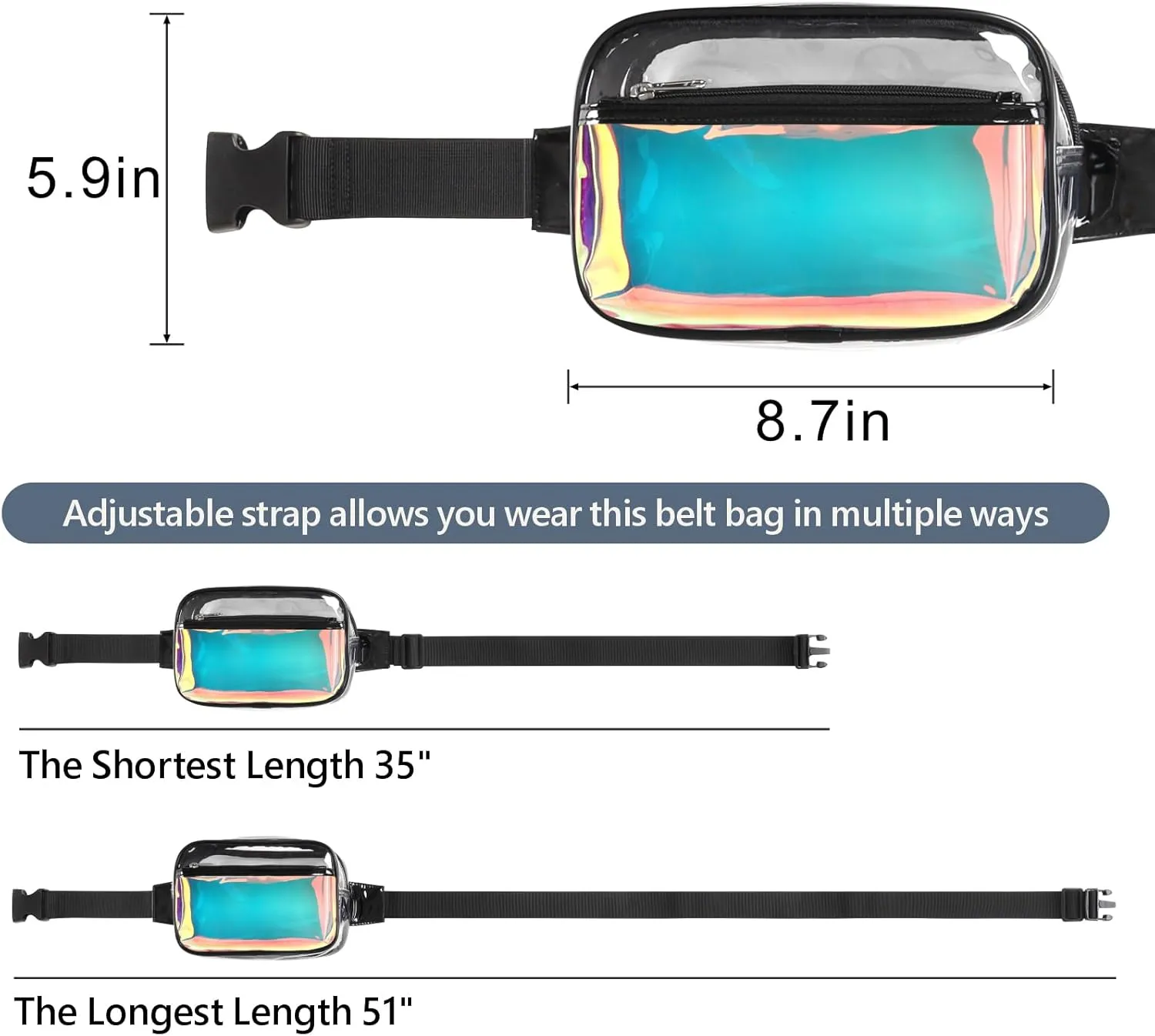 Veckle Clear Fanny Pack - Holographic Black Clear Belt Bag Crossbody Fashion Fanny Packs for Women Men Cute Waist Bag with Adjustable Strap for Sports Events, Concerts, Festivals