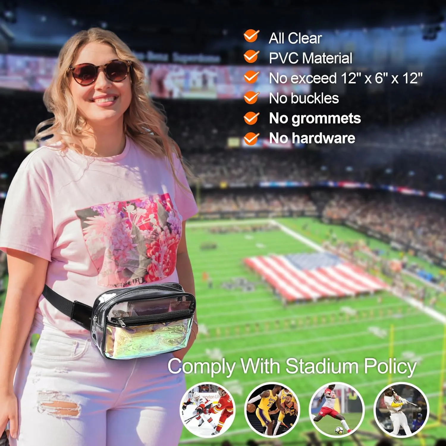 Veckle Clear Fanny Pack - Holographic Black Clear Belt Bag Crossbody Fashion Fanny Packs for Women Men Cute Waist Bag with Adjustable Strap for Sports Events, Concerts, Festivals