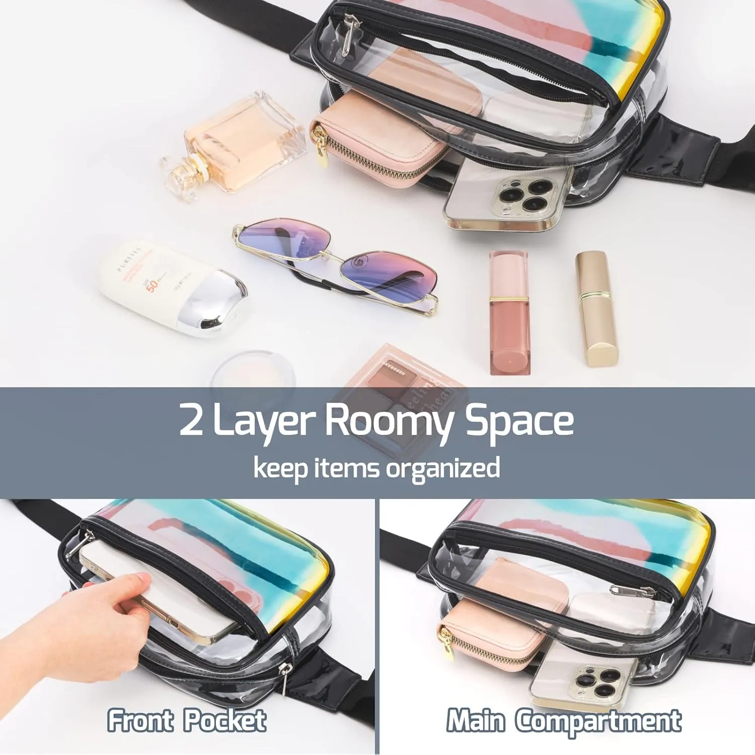 Veckle Clear Fanny Pack - Holographic Black Clear Belt Bag Crossbody Fashion Fanny Packs for Women Men Cute Waist Bag with Adjustable Strap for Sports Events, Concerts, Festivals