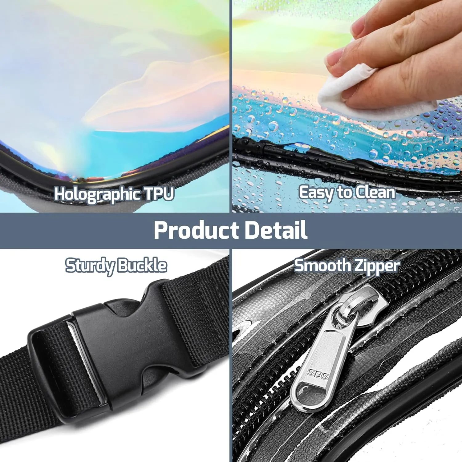 Veckle Clear Fanny Pack - Holographic Black Clear Belt Bag Crossbody Fashion Fanny Packs for Women Men Cute Waist Bag with Adjustable Strap for Sports Events, Concerts, Festivals