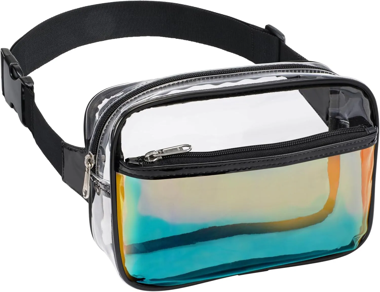 Veckle Clear Fanny Pack - Holographic Black Clear Belt Bag Crossbody Fashion Fanny Packs for Women Men Cute Waist Bag with Adjustable Strap for Sports Events, Concerts, Festivals