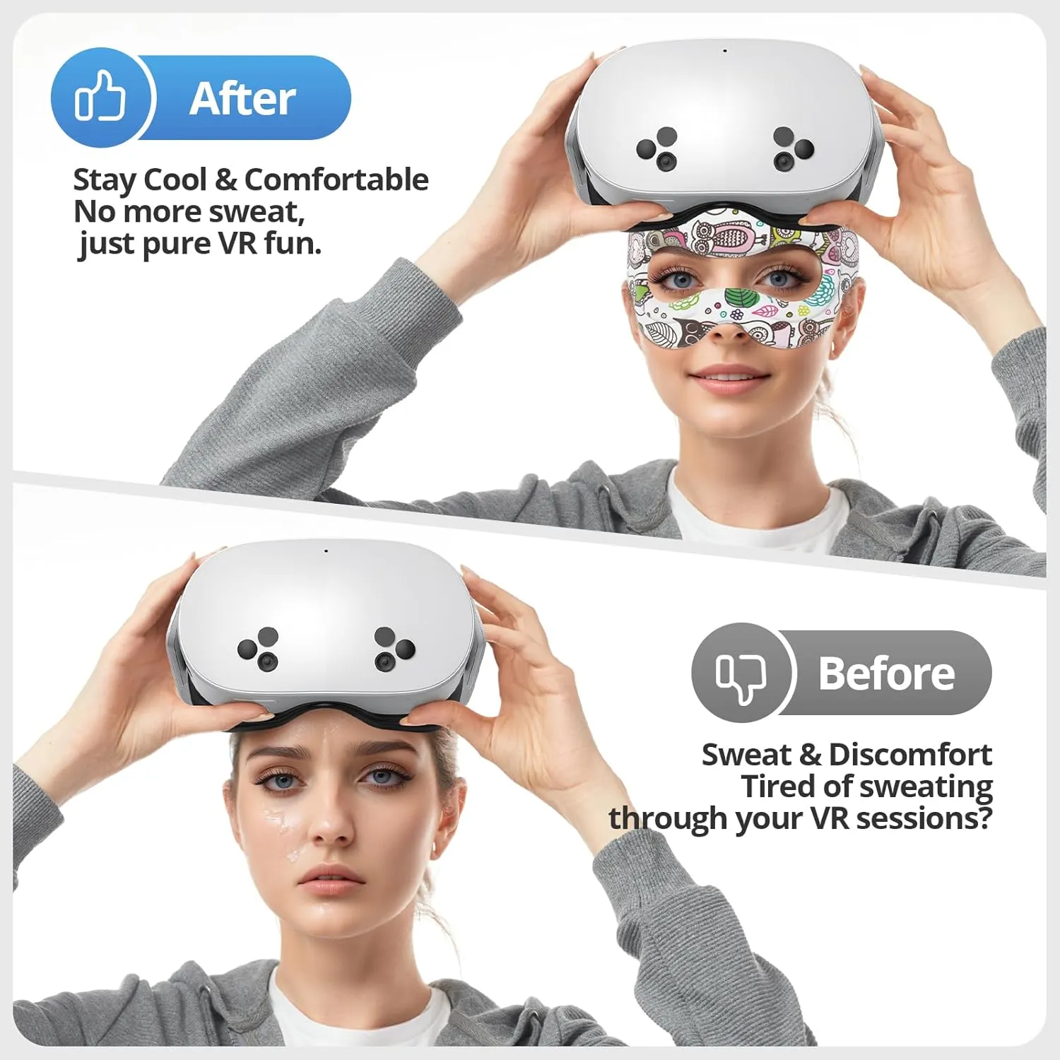 VR Sweat Mask for Meta Quest 3S VR Headsets Quest 3 Foam Band Breathable Oculus 2 Pro VR Workout Supernatual Face Dry Cool Guard Cover Sweat Absorption Face Mask (Printed White)