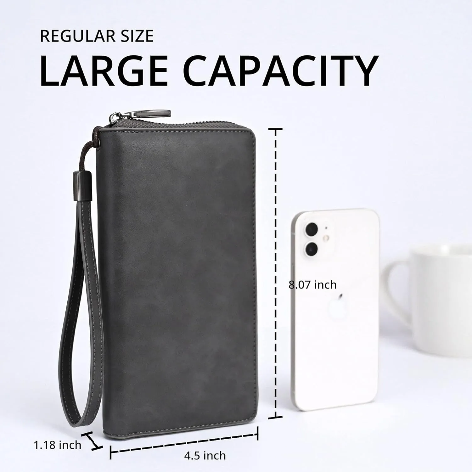 Women's RFID Blocking Leather Zip Around Wallet Large Phone Holder Clutch Travel Purse Wristlet (Grey)